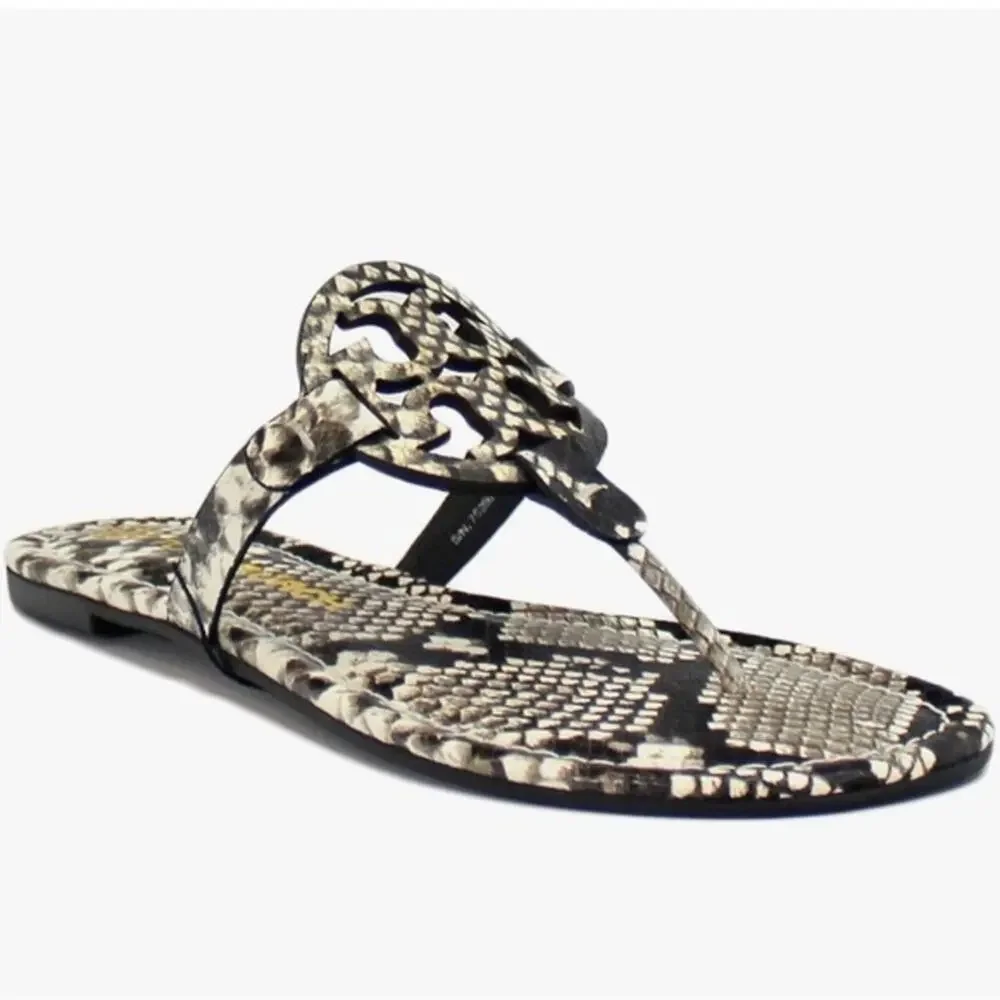 TORY BURCH Beige Black Roccia Snakeskin Leather Miller $258 Slides Sandals 7.5